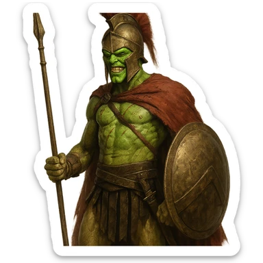 the green-faced mask character from the movie 'The Mask' reimagined as an ancient Greek warrior in the style of the movie '300' sticker