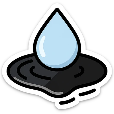 light blue or silver water droplet sliding on glossy black mirror-like paint, main color glossy black, subtle repellent effect with water lines moving away, modern and clean icon sticker