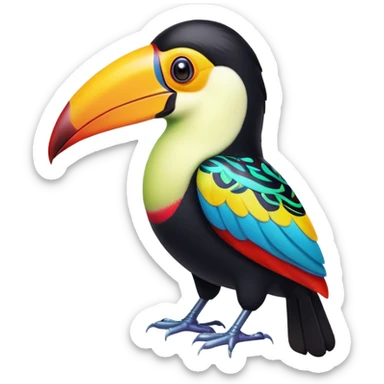 Cinematic Noble Toucan Portrait Emoji, Poised and regal, with a vibrant, striking beak and a sleek, colorful body adorned with bold patterns and keen, observant eyes, Simplified yet sharp and sophisticated features, highly detailed, glowing with a soft, tropical radiance, high shine, intelligent and majestic, stylized with an air of exotic elegance, focused and alert, soft glowing outline, capturing the essence of a watchful and confident avian guardian that appears ready to take flight out of the screen with effortless authority! sticker