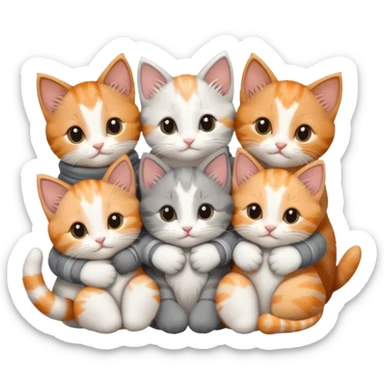 6 tiny kittens cuddling together all various different natural colours including solid grey with white mittens, grey and white, ginger and white, calico, and brown and white sticker