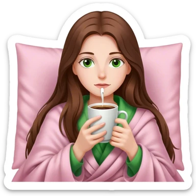 A pretty white girl with very long brown hair and green eyes in a light pink blanket sipping coffee sticker