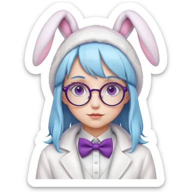 Anime, girl, light blue hair, purple eyes, white coat, bowtie, white top hat with bunny ears false, white bunnysuit, round lenses glasses  sticker
