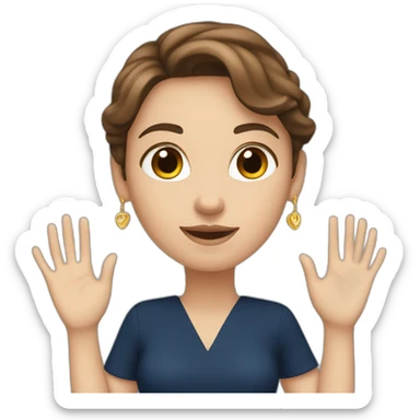 A white woman with brown hair, hands forming a heart shape, wearing a dark blue dress, and long earrings sticker