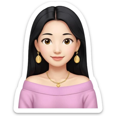 South Korean girl in her mid-thirties with long black hair and a middle part. She is wearing a baby pink, off the shoulder long sleeve knit sweater. She has small gold earrings and a gold necklace. She has brown eyes with narrow, mono lid shape and smiling with lips together sticker
