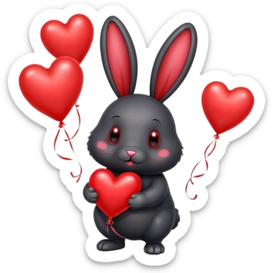 fat black rabbit with drooping ears and red metallic heart-shaped balloons sticker