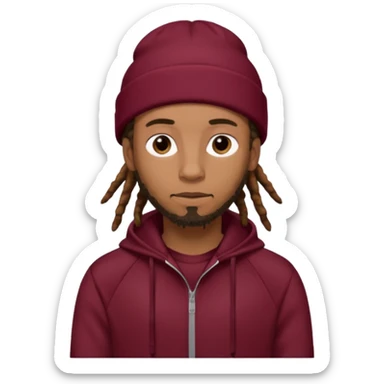 Animate a caramel skinned male with brown dreads and a tan beanie with a burgundy tracksuit on with no beard  sticker