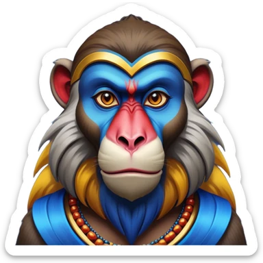 Cinematic Noble Mandrill Portrait Emoji, Poised and regal, with a striking, powerful build and a vivid, multicolored face accented by bold blue, red, and yellow hues, deep-set soulful eyes, Simplified yet sharp and sophisticated features, highly detailed, glowing with a vibrant, dignified glow, high shine, intelligent and commanding, stylized with an air of exotic majesty, focused and attentive, soft glowing outline, capturing the essence of a watchful and confident primate, so majestic it feels as though it could step out of the screen with effortless authority! sticker