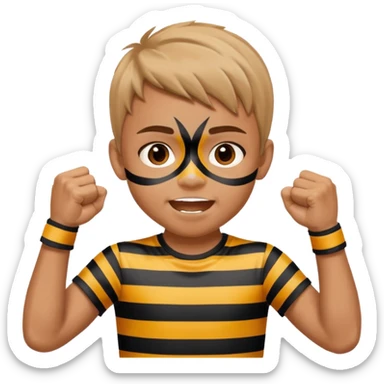 A boy with stripes face paint across his cheeks, raising his fists in excitement. sticker