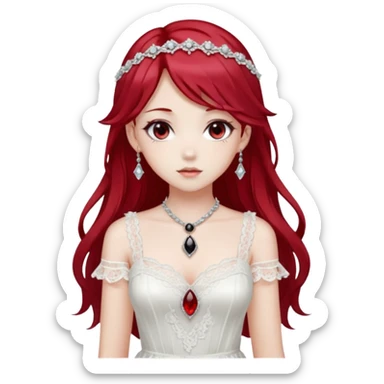 Beautiful shiny ethereal Gorgeous Anime Lady with dark hair and red hair streaks with a beautiful white silky lace dress and rubies and onyx gems  sticker