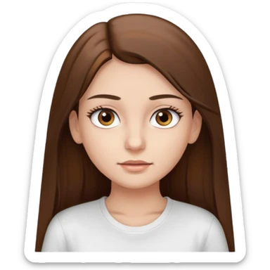 Chica de pelo liso ,largo y marrón con ojos color marrón  y una camiseta blanca y la piel blanca con pestañas sticker