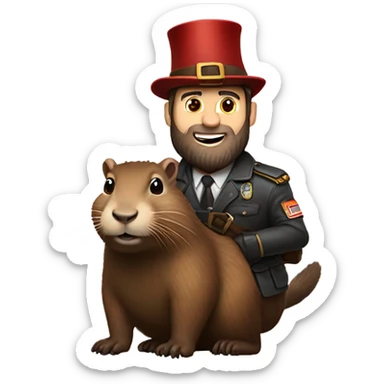 Confident armored White Man with dark brown hair and a short beard riding on the back of a giant groundhog wearing a birthday hat sticker