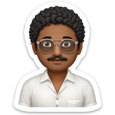south indian man with curly hair, sunglasses, a small white semi circle on his forehead, with a white shirt and lungi, and one hand under his chin like rizz and his lower lip between his teeth from one side. sticker