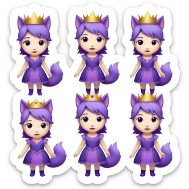A collection of twelve chibi-style illustrations of a cute princess wearing a purple dress and crown with purple hair and purple wolf ears and purple wolf tail character. Each square shows the character doing something different against a white background And make a gap between each illusion sticker