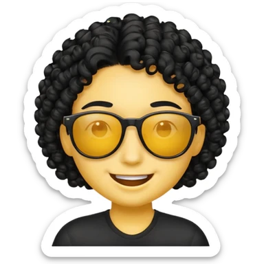 Realiza un emoticon amarillo sonriente, con lentes oscuros y cabello rizado negro sticker