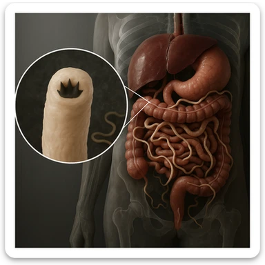Hyperrealistic 4K anatomical section of a human body showing the intestine infested with parasites. Include a detailed close-up of one parasite. The atmosphere is clinical, referencing diseases and tumors risk. Emphasize medical detail and realism. sticker