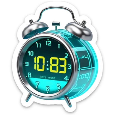 Emoji: A futuristic alarm clock displaying a glowing holographic time. The numbers slightly distort as if they are glitching or shifting through time. The clock is floating above a digital surface, emitting soft neon light. sticker