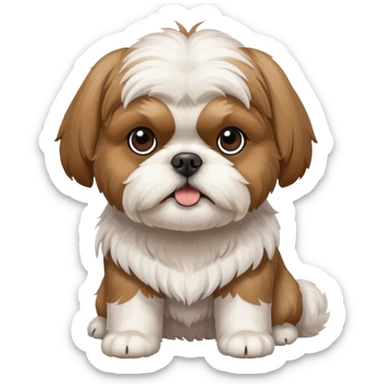 A standard shih tzu that is mostly white b ut ha b s a light brown dot on its second leg it has brown ears but has some black on the bottom of the ears sticker