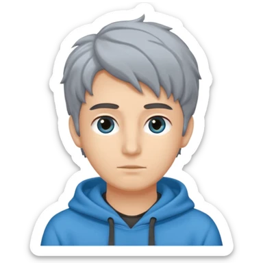 Crea un emoji a mezzo busto come ti ho già chiesto però di un ragazzo sulla 20ina ma che sembri più giovane, vestito con una felpa grigia. Occhi azzurri, capelli neri con il ciuffo davanti un po bagnato. sticker