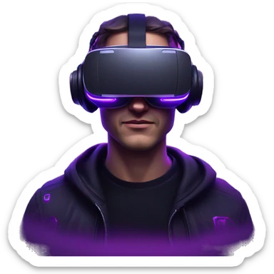 Russian man wearing a black hoodie with "OMG" letters on it and VR headset in a cyberpunk VR environment with violet neon lighting. sticker