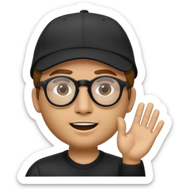 el Memoji es un personaje masculino con cabello castaño, gafas y una gorra blanca. Tiene la mano levantada como si estuviera diciendo "stop" o "espera". sticker
