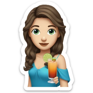 Girl with Brown hair and blue eyes holding a cocktail sticker