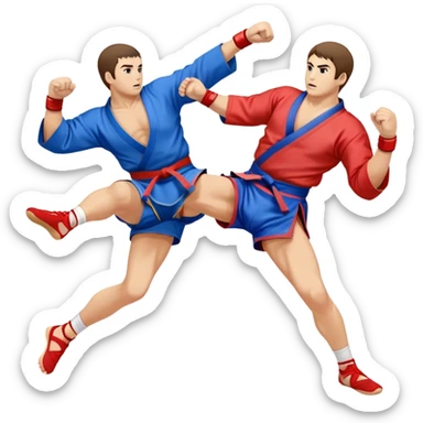 An icon symbolizing Sambo, featuring two fighters in blue and red kimonos with shorts and wrestling shoes. One executes a powerful throw, while the other attempts a defensive grab. The fighters are engaged in a grapple, using joint locks and sweeps.  sticker