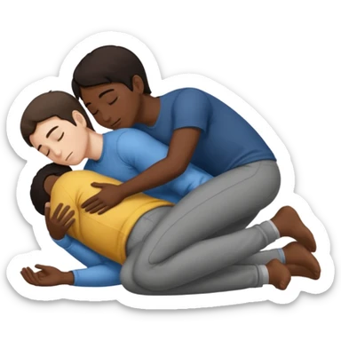 1White adult male dark hair and dark skin adult male, spooning naked on the ground, touching, cuddling, rear view,  sticker