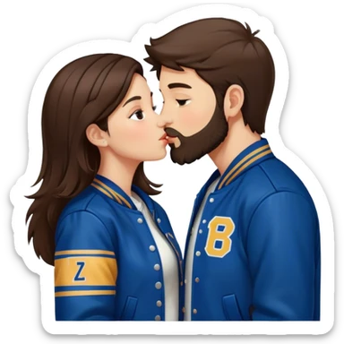 A brunette girl with a letterman jacket kissing a brunette boy with a beaamrd sticker