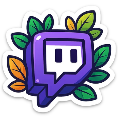plump, vibrant, cartoon-style Twitch logo, bold outline, expressive shadows, glossy highlights, decorated with bright leaves around the logo, no background sticker