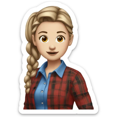 white girl with blue seater red plaid pants stud earing brown hair in pony btail sticker