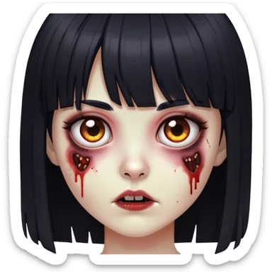 Garota zumbi com cabelos pretos lisos com franja (tipo esse emoji 🧟‍♀️) com olhos castanhos escuros  sticker