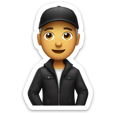 man putting on a cap with a black jacket sticker