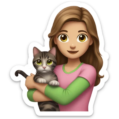 girl with brown hair and hazel eyes, wearing a pink shirt, and holding her brown and black tabby cat with green eyes. only from the chest up visible sticker