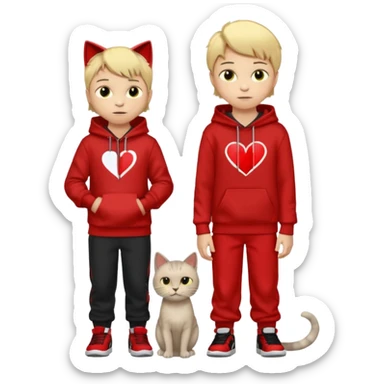There is one 8 year old boy wearing a red and black hoodie say I heart cats he’s blond he has red Jordan’s and Hess wearing black pants he’s next to his only gray cat with yellow eyes  sticker