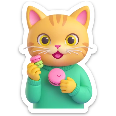 cute cat with big eyes, wearing a green sweater with yellow smiley faces, holding a pink macaron, soft and shiny, inspired by Apple emoji aesthetics, 3D iOS style emoji, variation 1 sticker