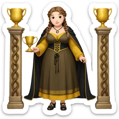 Helga Hufflepuff,brown-haired,2 braids,yellow-black medieval open dress,deep neckline,fat macromastia,black cloak decorated with gold braiding,gold cup with two handles,very kind smile,curvy busty sweet woman,round rosy cheeks,full length with medieval shoes sticker