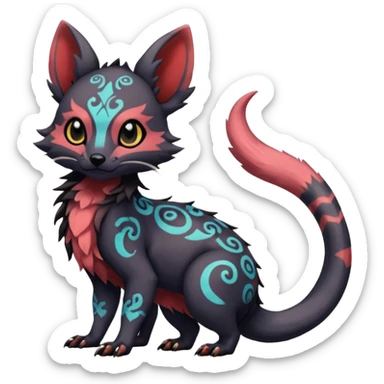 Rare warm-colored exotic cute epic aesthetic gothic colorful Salandit-Eevee-Civet-species-Fakemon-hybrid-creature, with intricate tattoo markings, full body sticker