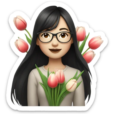 asian pale skin girl with long black shaking hair and bangs and glasses holding tulips sticker