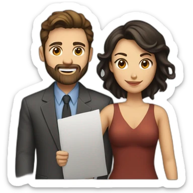 character couple with entrepreneurial man with straight brown hair and beard next to black-haired woman character sticker