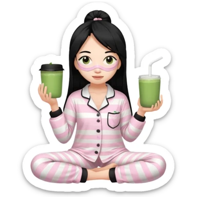 chica de pelo lacio color negro cabellera larga piyama blanca con rayas rosa claras peo no tan claras no oscuras el bordado es negro al igual que los botones )tiene una mascarilla para la cara una mascarilla faciial blanca y sostiene un matcha  y es de test blanca  sticker