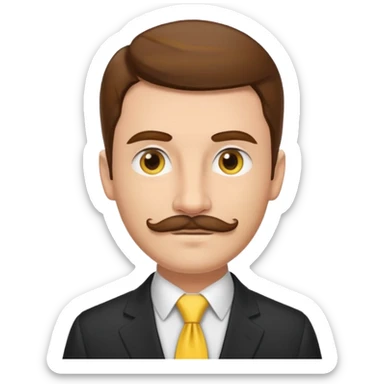 ["Fair-skinned man with brown hair and thin moustache, wearing a suit and yellow tie."] sticker
