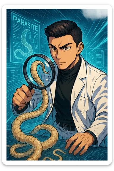 A dynamic manga/webtoon-style illustration of a young male kinesiologist wearing a clean white lab coat, analyzing light beige worms like a tapeworm under a magnifying glass. His expression is focused and slightly intrigued, with sharp, detailed eyes. The art style is vibrant, with bold linework, rich colors, and dramatic lighting. The background is a futuristic laboratory with glowing holographic screens displaying parasite data. The tapeworm is intricately drawn, slimy and segmented, with a slightly exaggerated yet realistic texture. The composition is dynamic, with motion lines or energy effects to emphasize his scientific investigation. The atmosphere is intense but not dark, keeping a balance between scientific seriousness and stylish manga aesthetics sticker