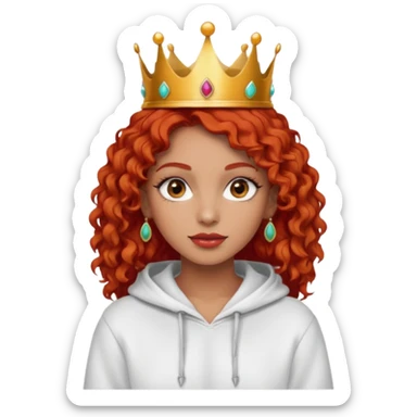 
Slim girl with a fine face, dark and tanned skin, medium-length curly tomato-red hair, dark eyes, medium-thick eyelashes, and a crown and earrings, wearing a white hooded sweatshirt. sticker