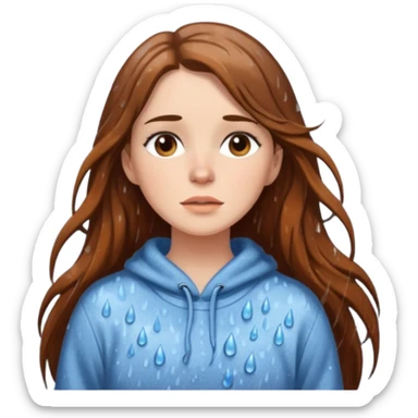 white woman with long brown hair and brown eyes, wearing a cozy sweater, standing in the rain sticker