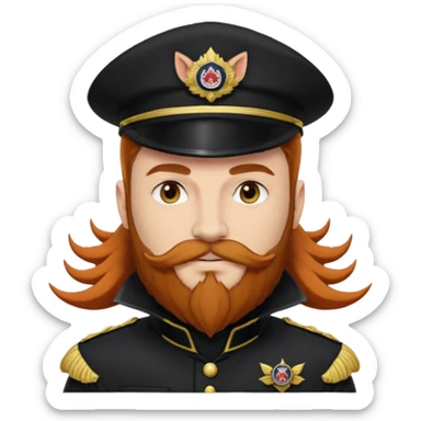 An auburn-hair'ed admiral with a flawless bear and mustache wearing a black admiral outfit and hat with Wolf Ears coming out of the hat, and 9 tails behind him, with the admiral black shirt featuring on the left breast pocket the insignia of Helldivers 2. sticker