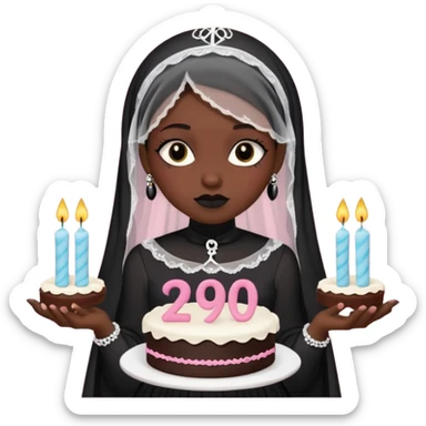 Emoji-style illustration of a cute sarcastic woman, black mourning dress and veil, holding a birthday cake with number 29 candles, ironic expression, RIP 20s theme, flat design, bold outlines, pastel gothic colors, high resolution, clean background, perfect for profile picture sticker