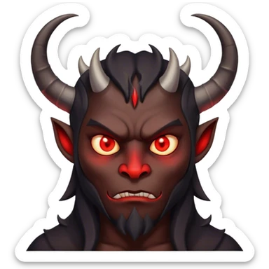 Black demon with two horns and glowing red triangular eyes making the thinking face sticker