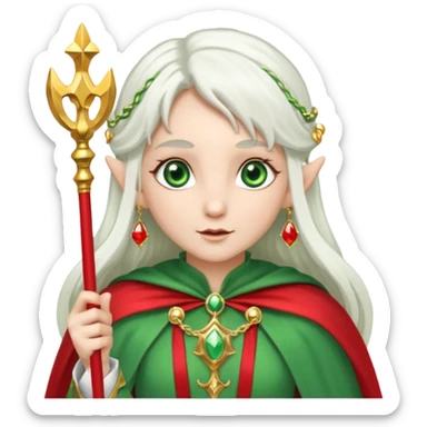 an elf with very white hair and two long PONYTAILS/pigtails on the side of her head, she has a curtain bang, green eyes, she has a white cape with golden borders and a scepter with a red orb, she has earrings that look like red drops sticker