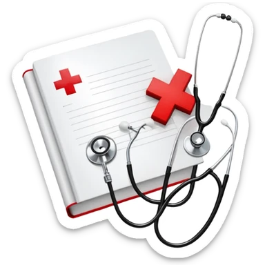 An icon featuring a red cross, a stethoscope, and a syringe, symbolizing medicine. The design includes a medical book, a heartbeat monitor, and a pill, representing the study and practice of healthcare, diagnostics, and treatment. Transparent background highlights the science of healing. sticker