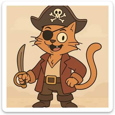 pirate cat, cartoon style, eye patch, playful expression sticker